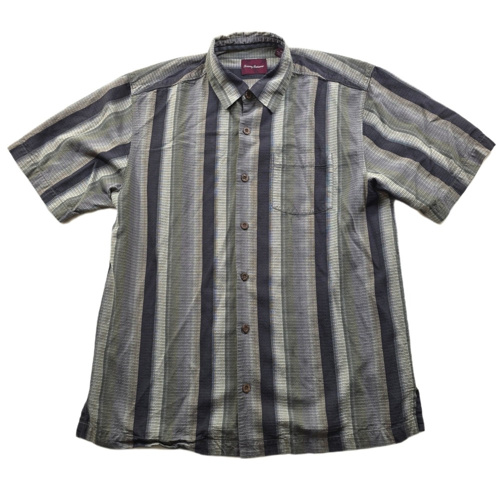 Tommy Bahama 100% Silk Shirt Mens Medium Grey Olive Black Striped Short Sleeve